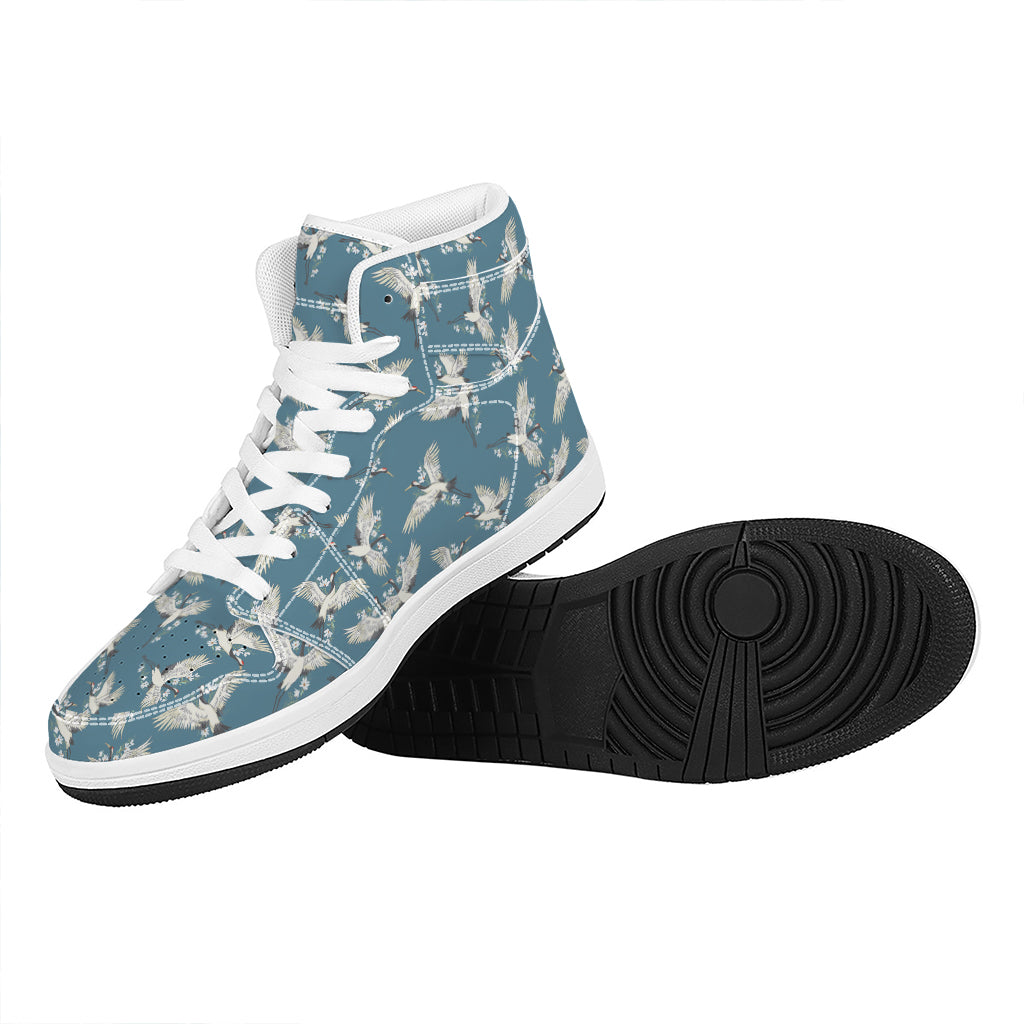 Flying Crane Bird Pattern Print High Top Leather Sneakers