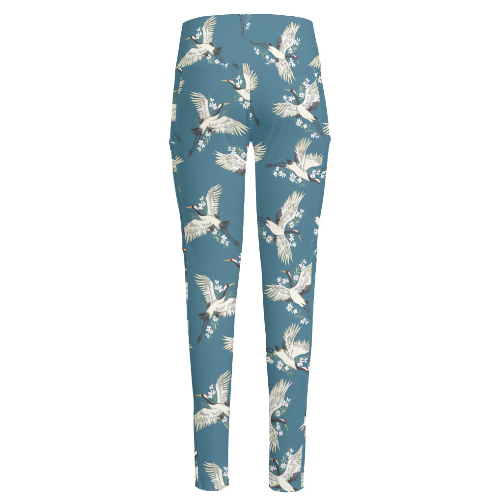 Flying Crane Bird Pattern Print High-Waisted Pocket Leggings