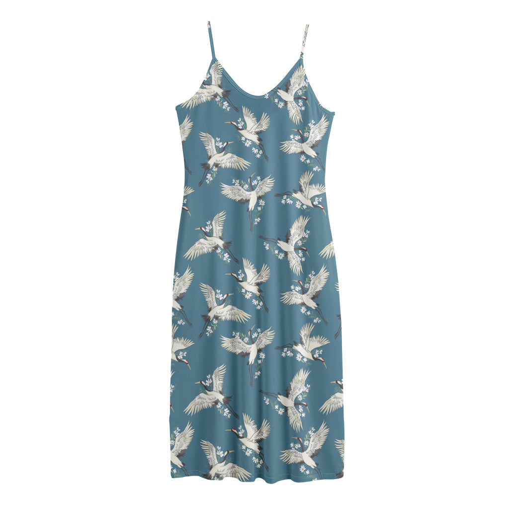 Flying Crane Bird Pattern Print Jersey Midi Cami Dress