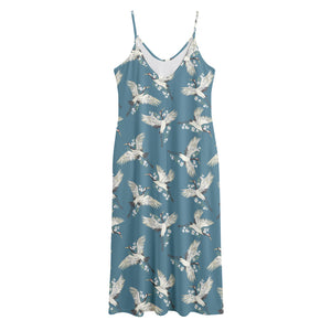 Flying Crane Bird Pattern Print Jersey Midi Cami Dress