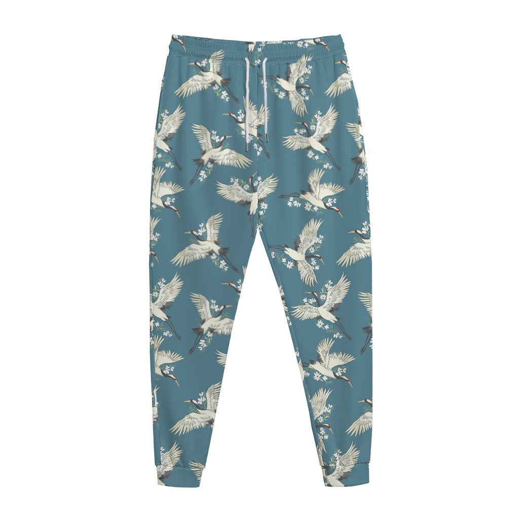 Flying Crane Bird Pattern Print Jogger Pants