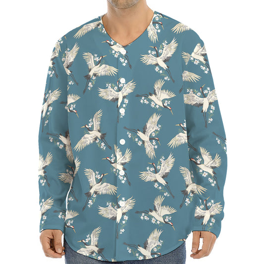 Flying Crane Bird Pattern Print Long Sleeve Baseball Jersey