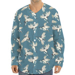 Flying Crane Bird Pattern Print Long Sleeve Baseball Jersey