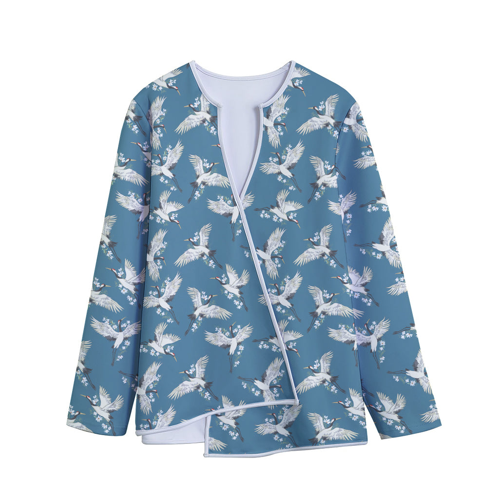 Flying Crane Bird Pattern Print Long Sleeve Short Coat