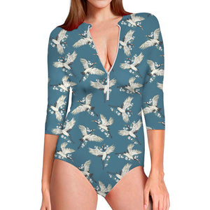 Flying Crane Bird Pattern Print Long Sleeve Swimsuit