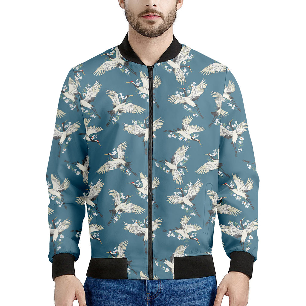 Flying Crane Bird Pattern Print Men's Bomber Jacket