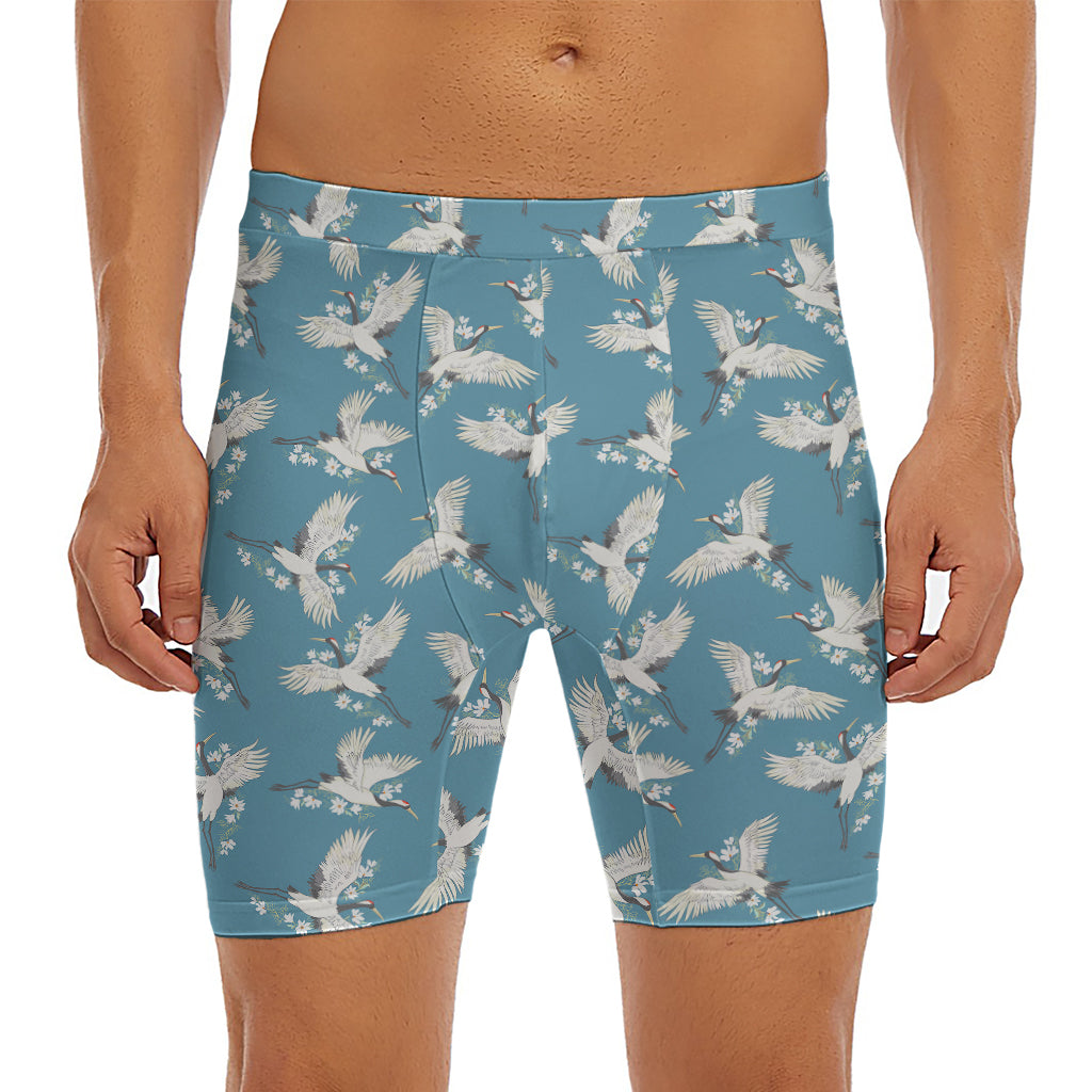 Flying Crane Bird Pattern Print Men's Long Boxer Briefs