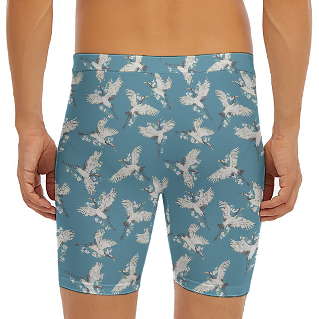 Flying Crane Bird Pattern Print Men's Long Boxer Briefs