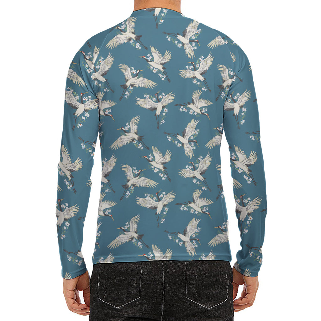 Flying Crane Bird Pattern Print Men's Long Sleeve Rash Guard