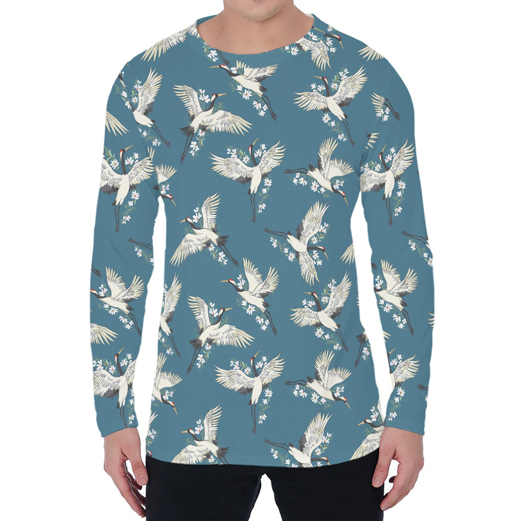 Flying Crane Bird Pattern Print Men's Long Sleeve T-Shirt