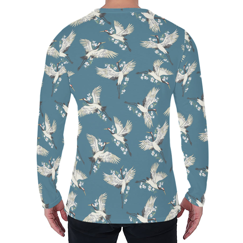 Flying Crane Bird Pattern Print Men's Long Sleeve T-Shirt