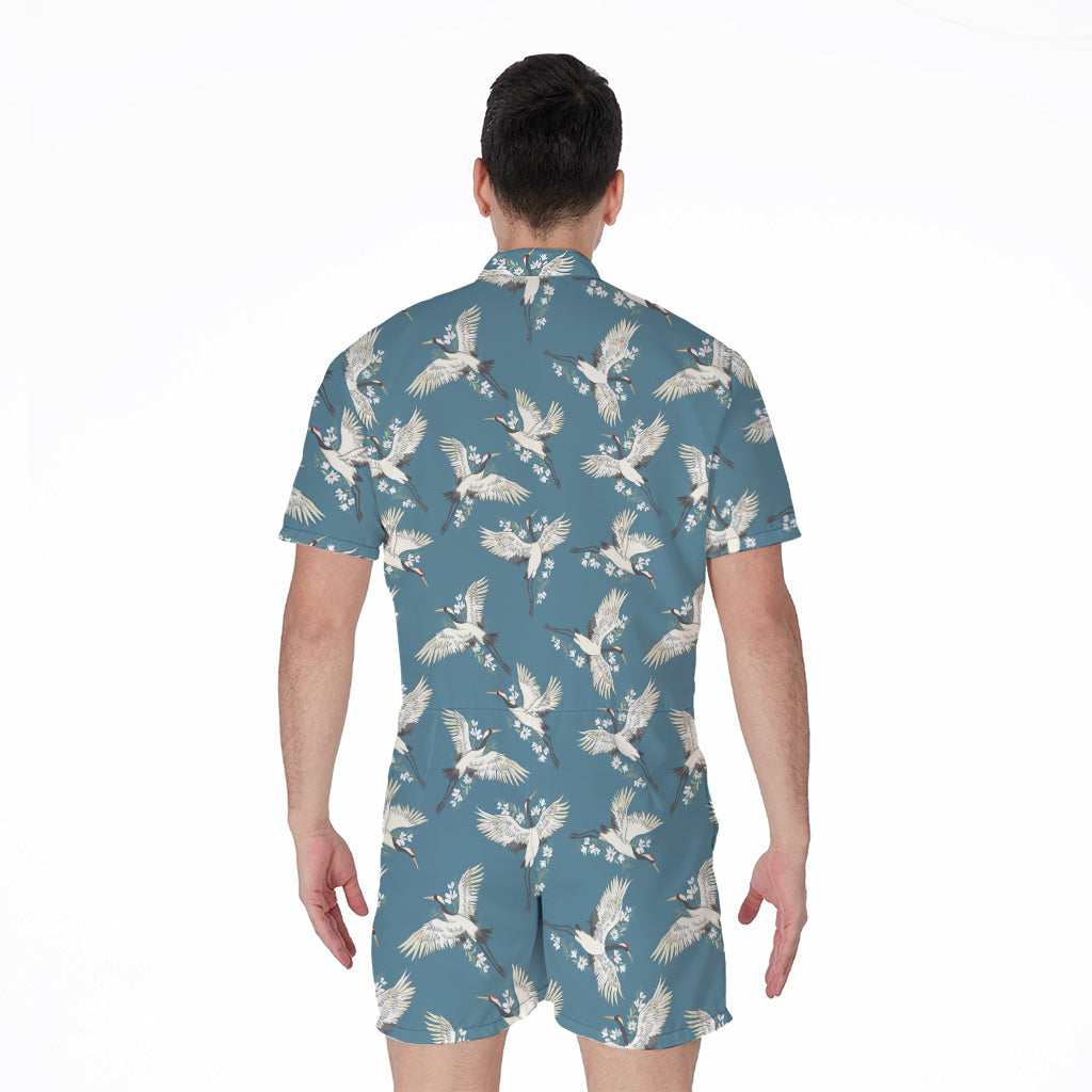 Flying Crane Bird Pattern Print Men's Rompers