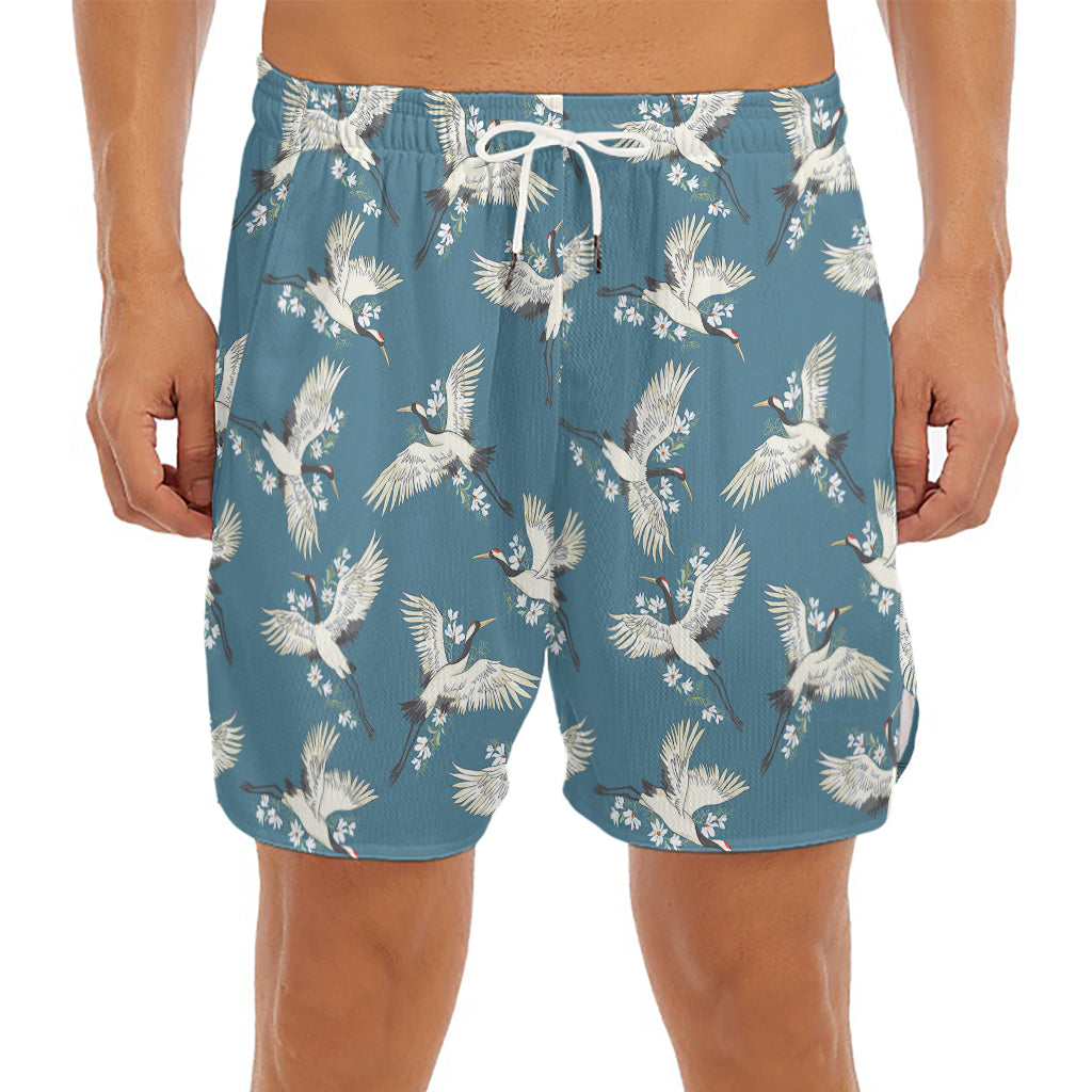 Flying Crane Bird Pattern Print Men's Split Running Shorts