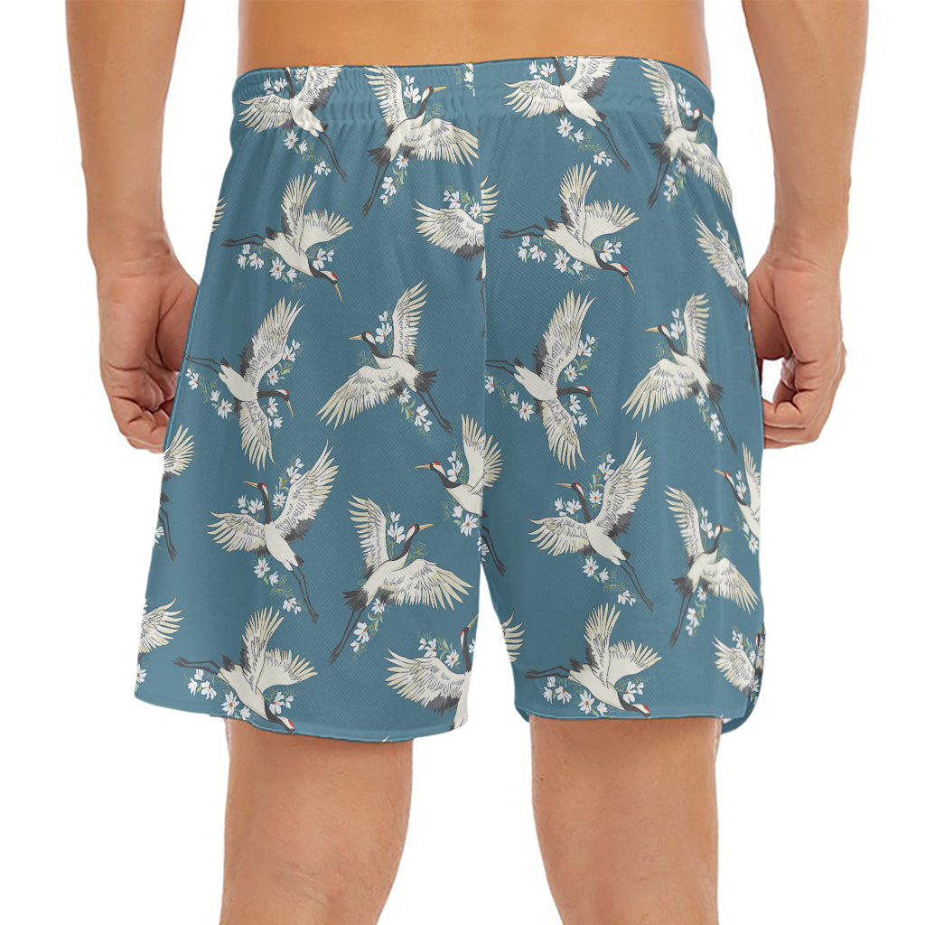 Flying Crane Bird Pattern Print Men's Split Running Shorts