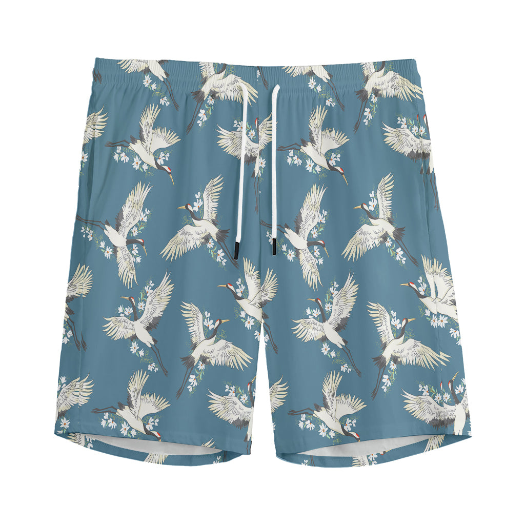 Flying Crane Bird Pattern Print Men's Sports Shorts