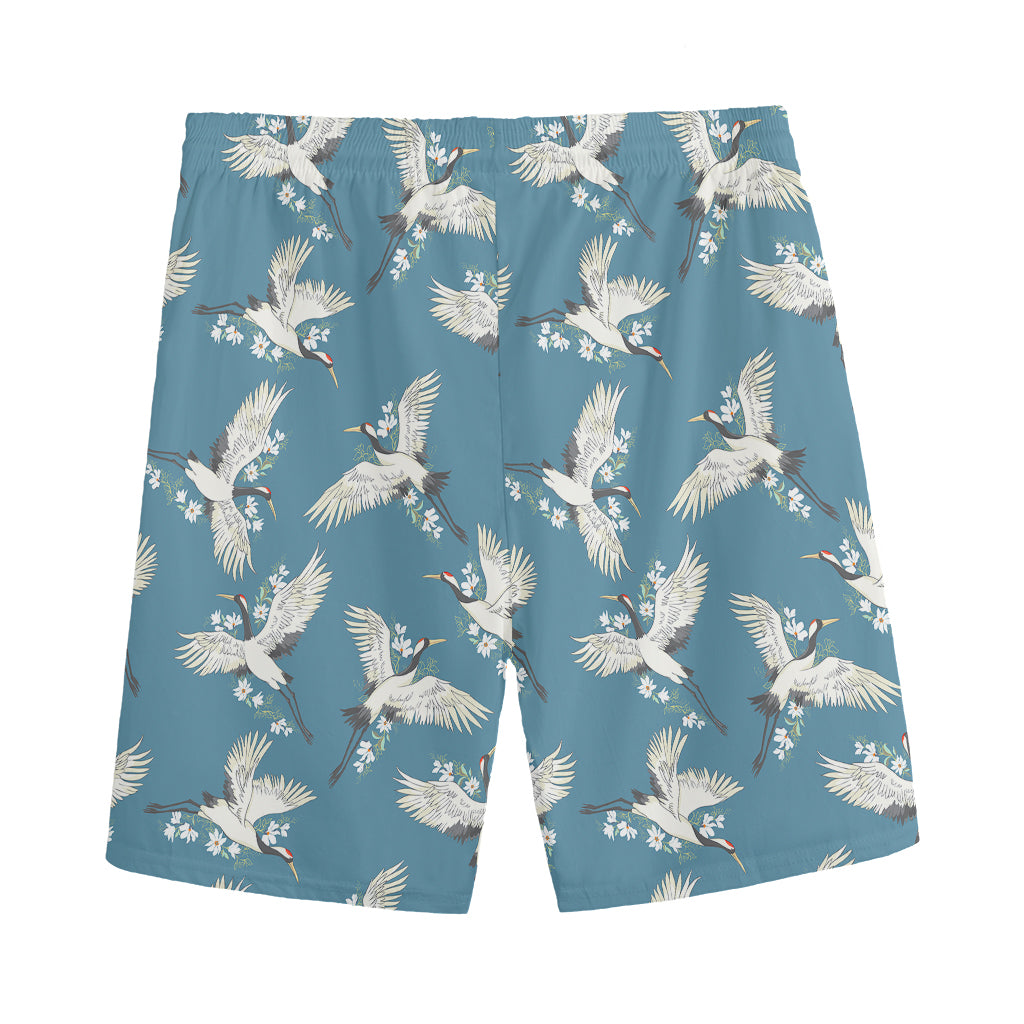 Flying Crane Bird Pattern Print Men's Sports Shorts