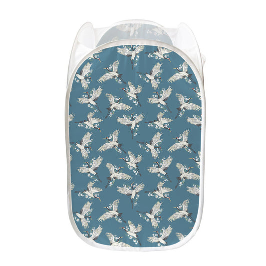 Flying Crane Bird Pattern Print Mesh Laundry Hamper