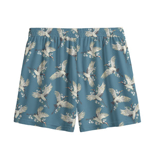 Flying Crane Bird Pattern Print Mesh Shorts