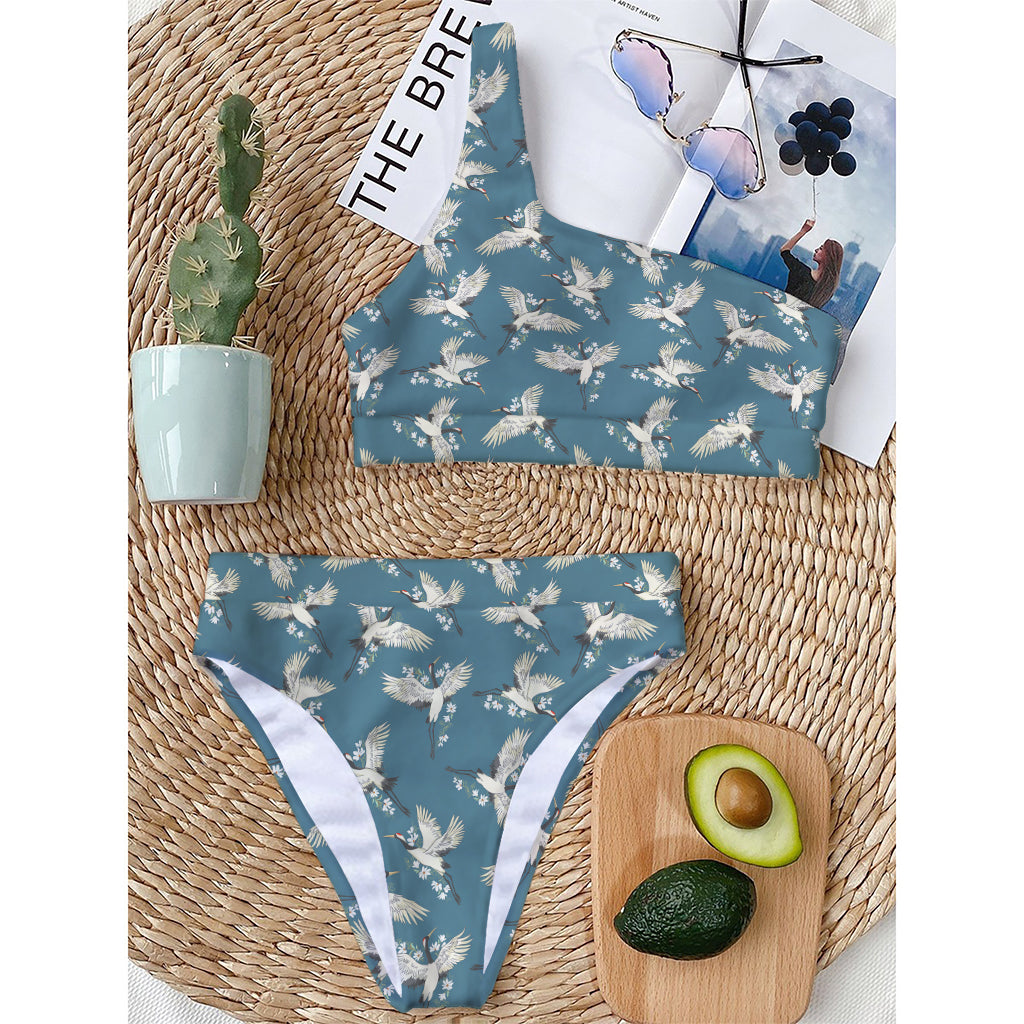 Flying Crane Bird Pattern Print One Shoulder Bikini Top