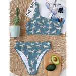 Flying Crane Bird Pattern Print One Shoulder Bikini Top