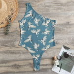 Flying Crane Bird Pattern Print One Shoulder Bodysuit