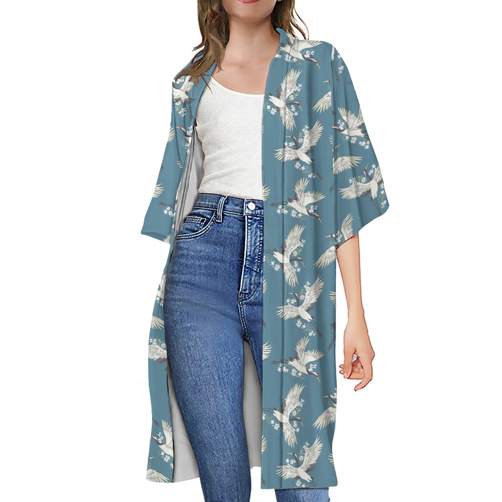 Flying Crane Bird Pattern Print Open Front Beach Cover Up