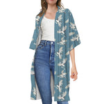 Flying Crane Bird Pattern Print Open Front Beach Cover Up