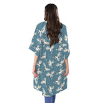 Flying Crane Bird Pattern Print Open Front Beach Cover Up