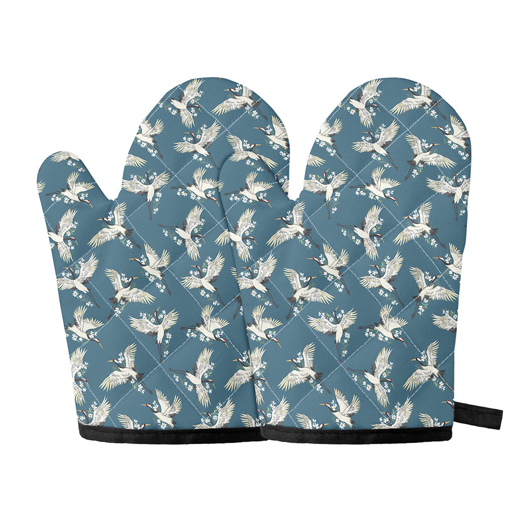 Flying Crane Bird Pattern Print Oven Mitts