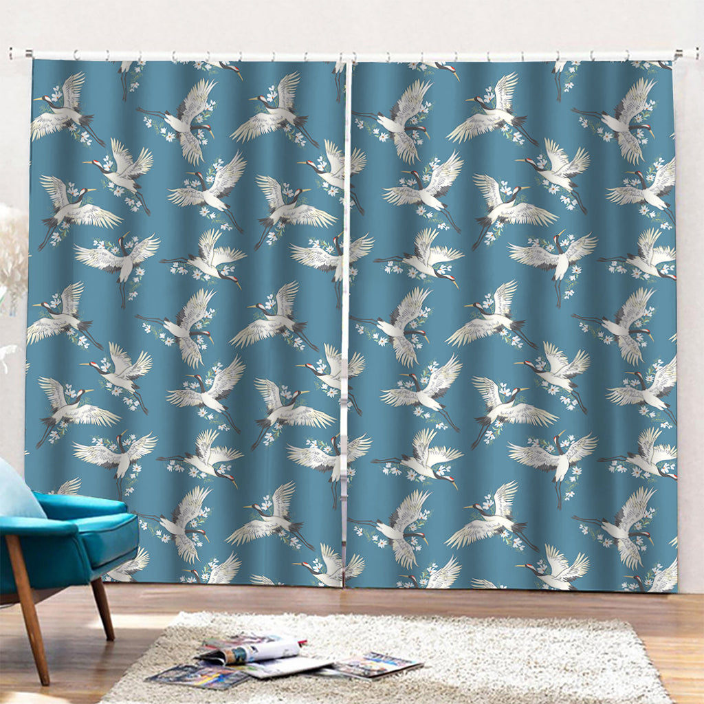 Flying Crane Bird Pattern Print Pencil Pleat Curtains