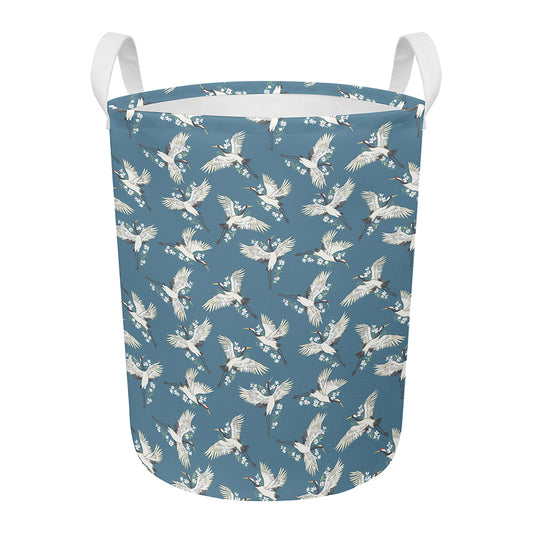 Flying Crane Bird Pattern Print Round Laundry Basket