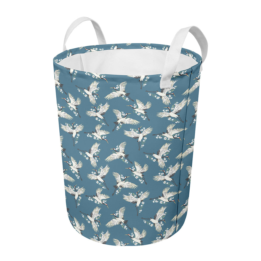 Flying Crane Bird Pattern Print Round Laundry Basket