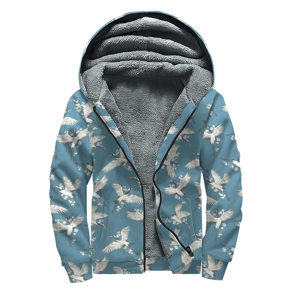 Flying Crane Bird Pattern Print Sherpa Lined Zip Up Hoodie