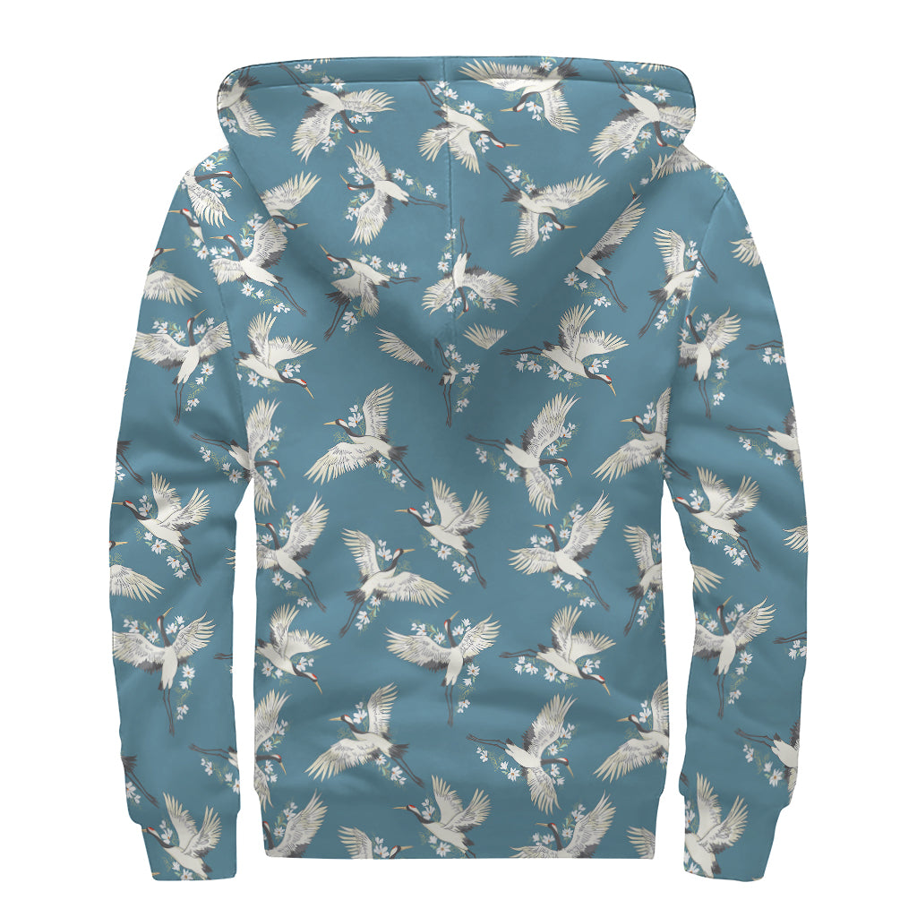 Flying Crane Bird Pattern Print Sherpa Lined Zip Up Hoodie