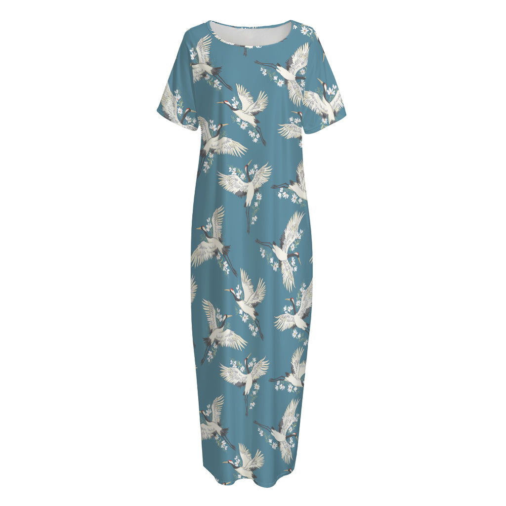 Flying Crane Bird Pattern Print Short Sleeve Long Nightdress