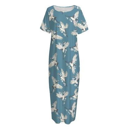 Flying Crane Bird Pattern Print Short Sleeve Long Nightdress