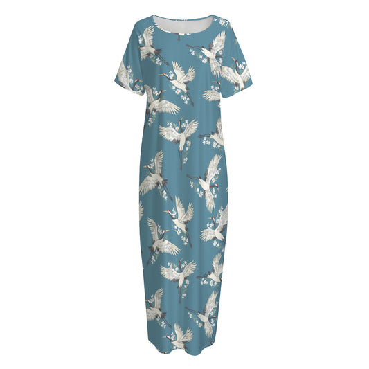 Flying Crane Bird Pattern Print Short Sleeve Long Nightdress