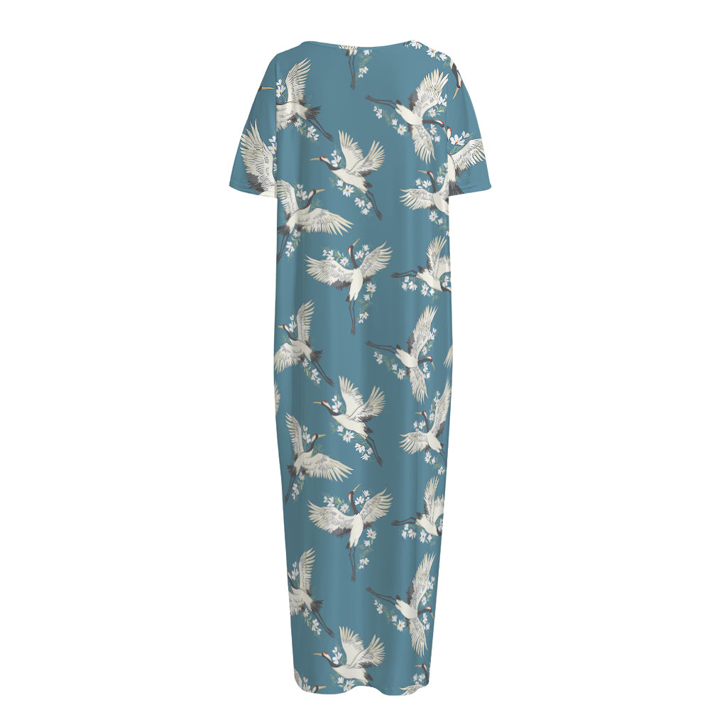 Flying Crane Bird Pattern Print Short Sleeve Long Nightdress