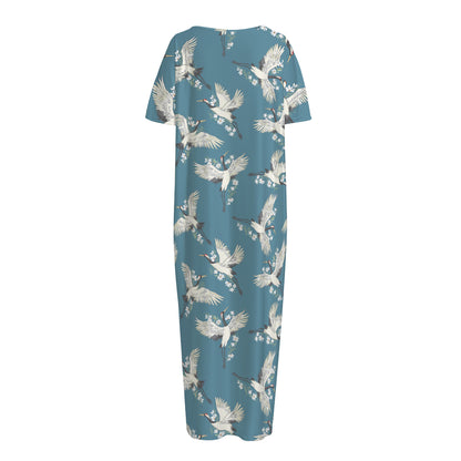 Flying Crane Bird Pattern Print Short Sleeve Long Nightdress