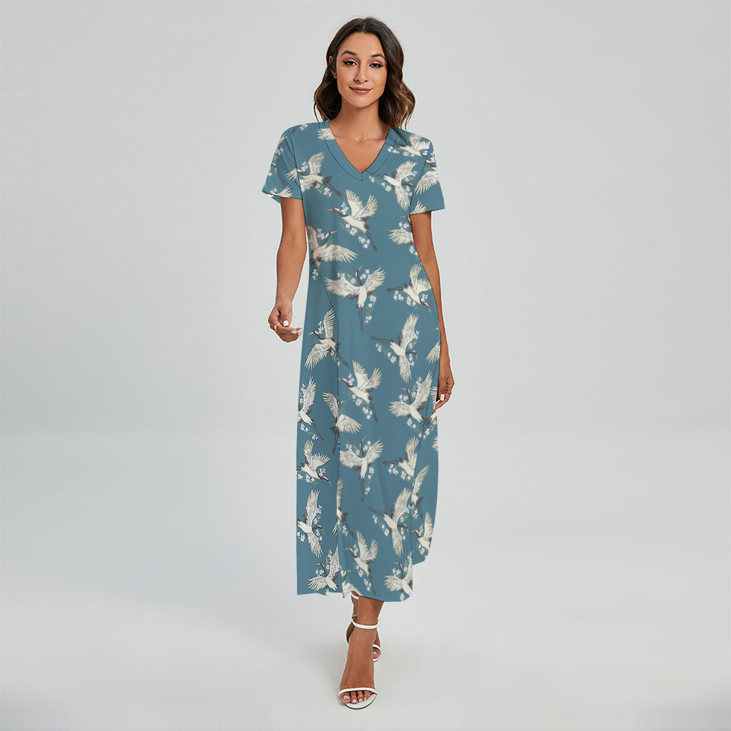 Flying Crane Bird Pattern Print Short Sleeve Maxi Dress