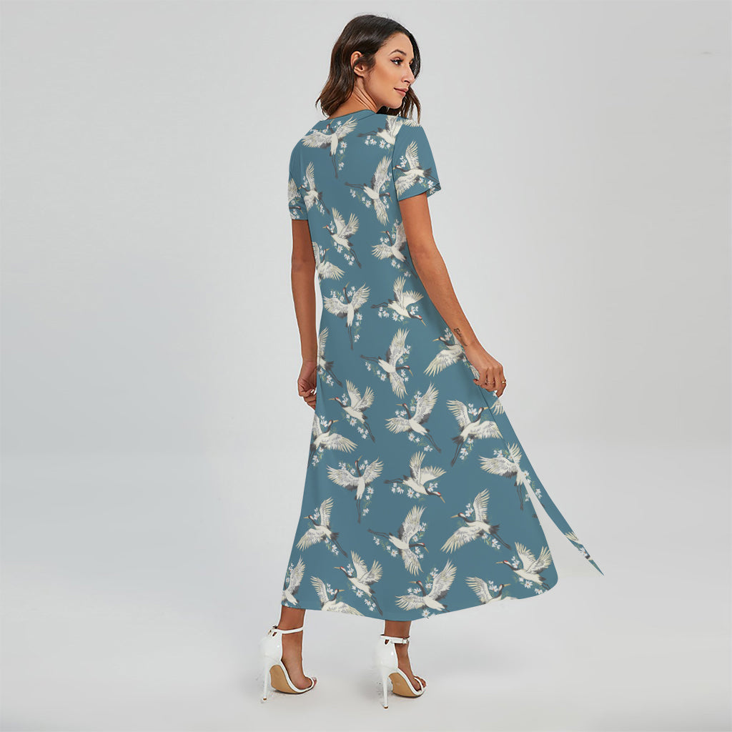 Flying Crane Bird Pattern Print Short Sleeve Maxi Dress