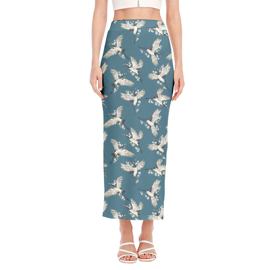 Flying Crane Bird Pattern Print Side Slit Maxi Skirt