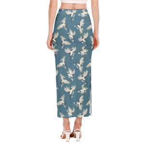 Flying Crane Bird Pattern Print Side Slit Maxi Skirt