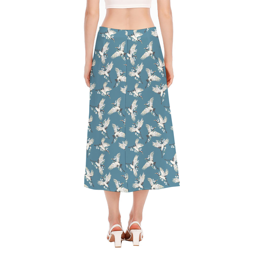 Flying Crane Bird Pattern Print Side Slit Midi Skirt