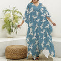 Flying Crane Bird Pattern Print Silk V-Neck Kaftan Dress