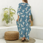 Flying Crane Bird Pattern Print Silk V-Neck Kaftan Dress