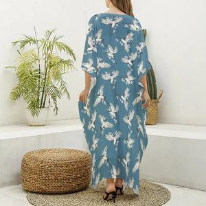 Flying Crane Bird Pattern Print Silk V-Neck Kaftan Dress