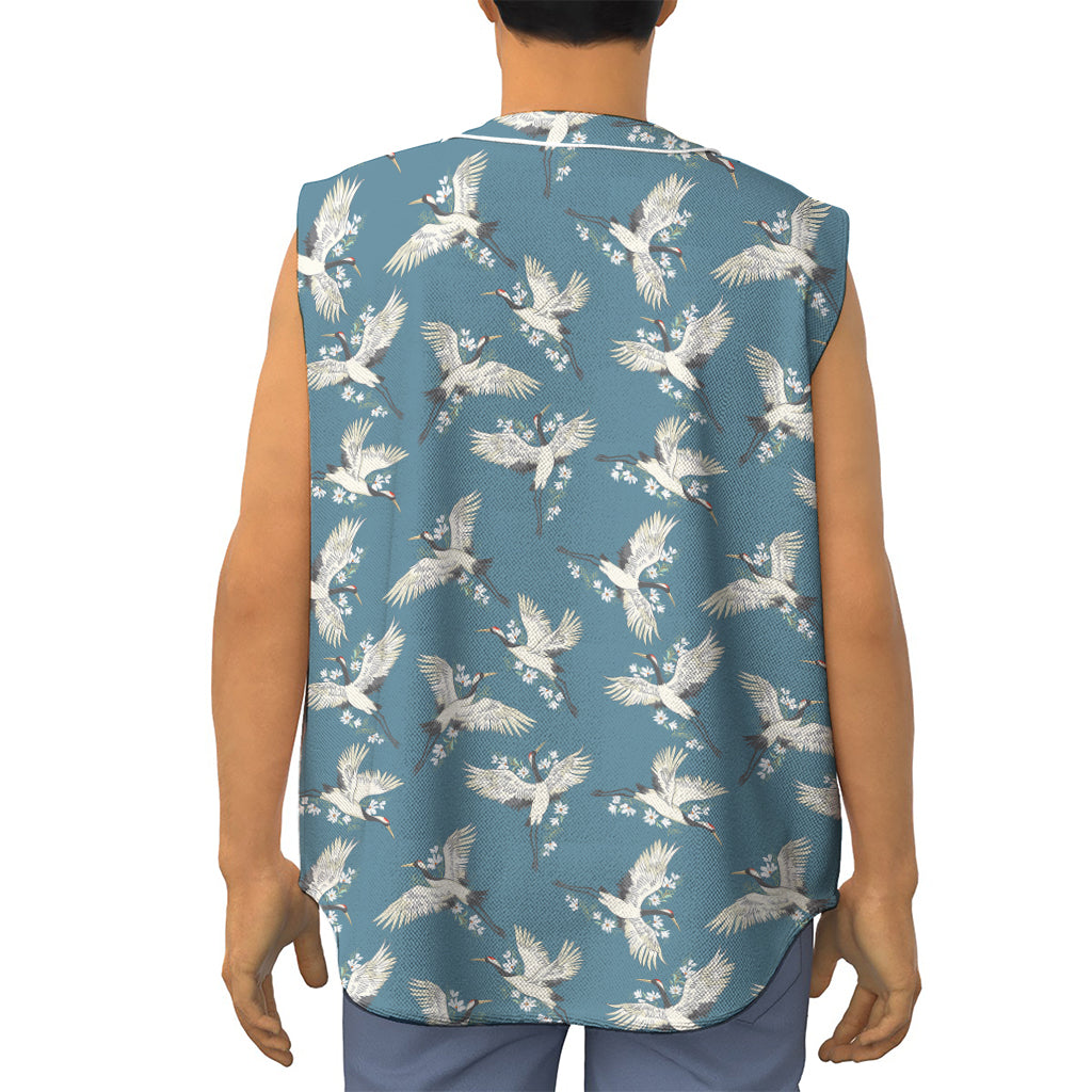 Flying Crane Bird Pattern Print Sleeveless Baseball Jersey