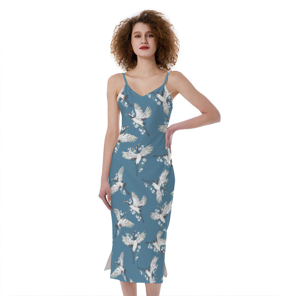 Flying Crane Bird Pattern Print Slim Fit Midi Cami Dress