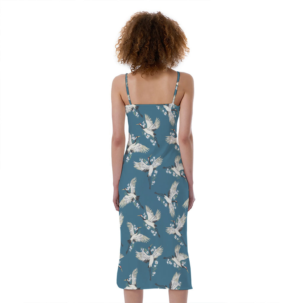 Flying Crane Bird Pattern Print Slim Fit Midi Cami Dress